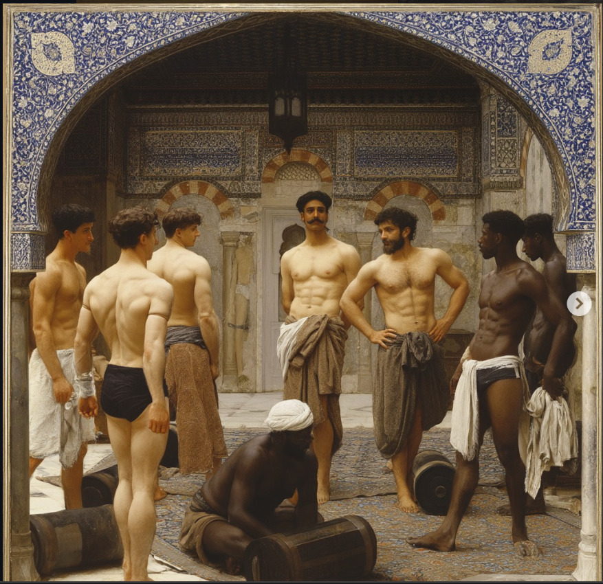 Classical painting of men gathered in an ancient bath house with ornate architecture