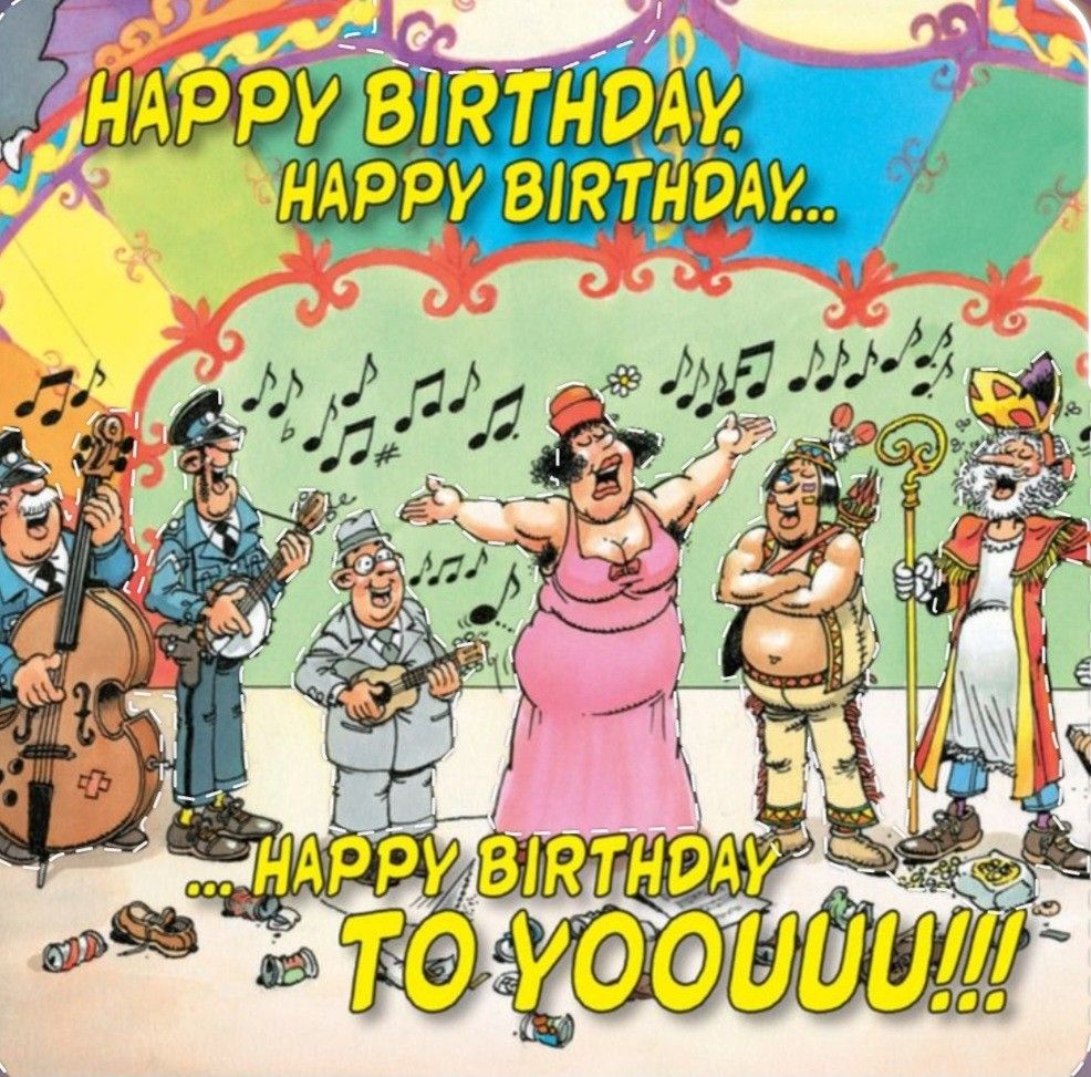 Cartoon illustration of funny characters singing Happy Birthday while playing various musical instruments