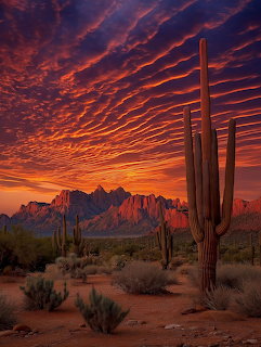 Vibrant red sunset sky with striped clouds above desert with saguaro cactus and distant mountains
