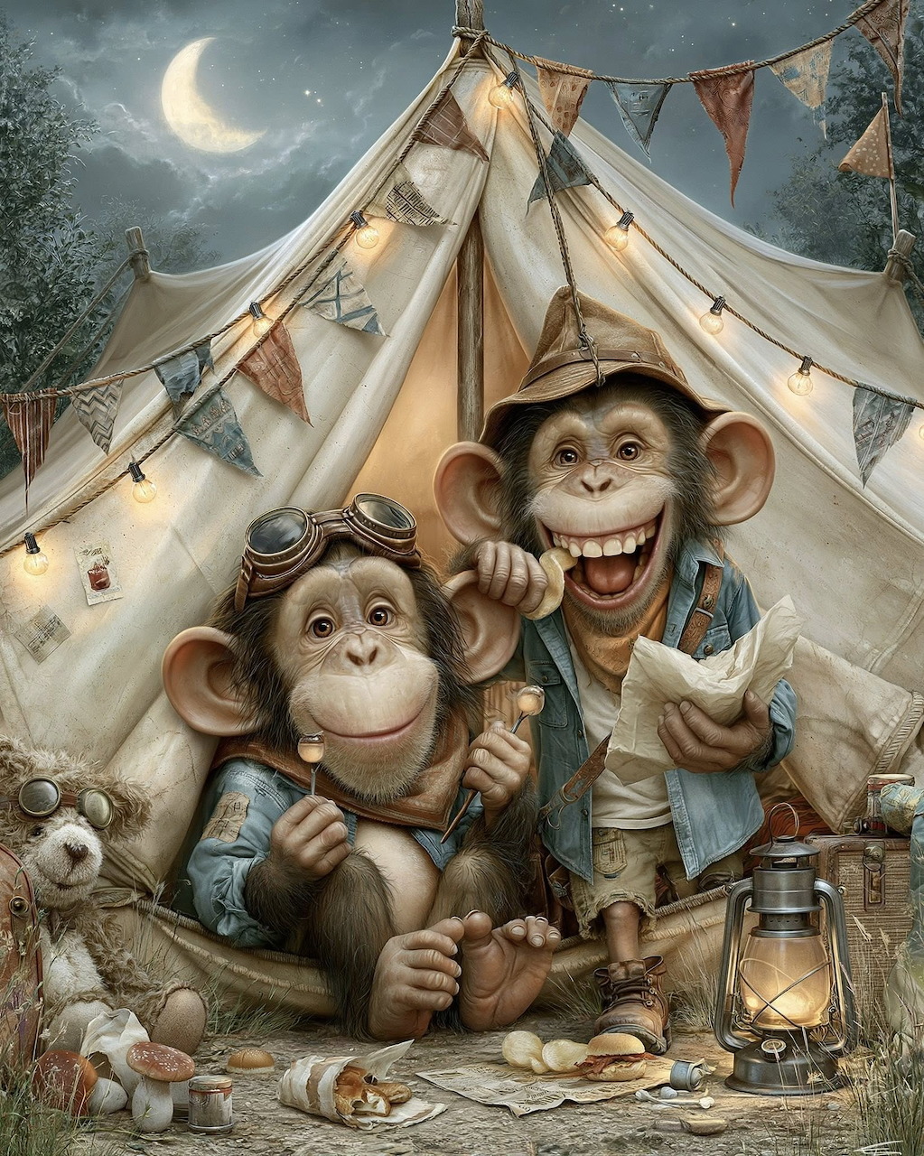 Two cartoon-style monkeys in explorer hats laughing in front of a lit tent at night with bunting and a lantern