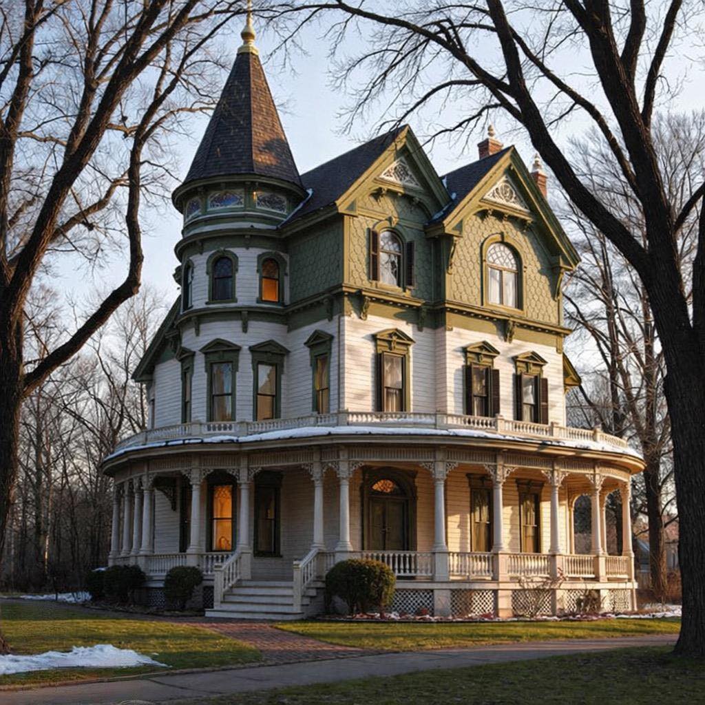 Victorian mansion with turret and wraparound porch among leafless trees