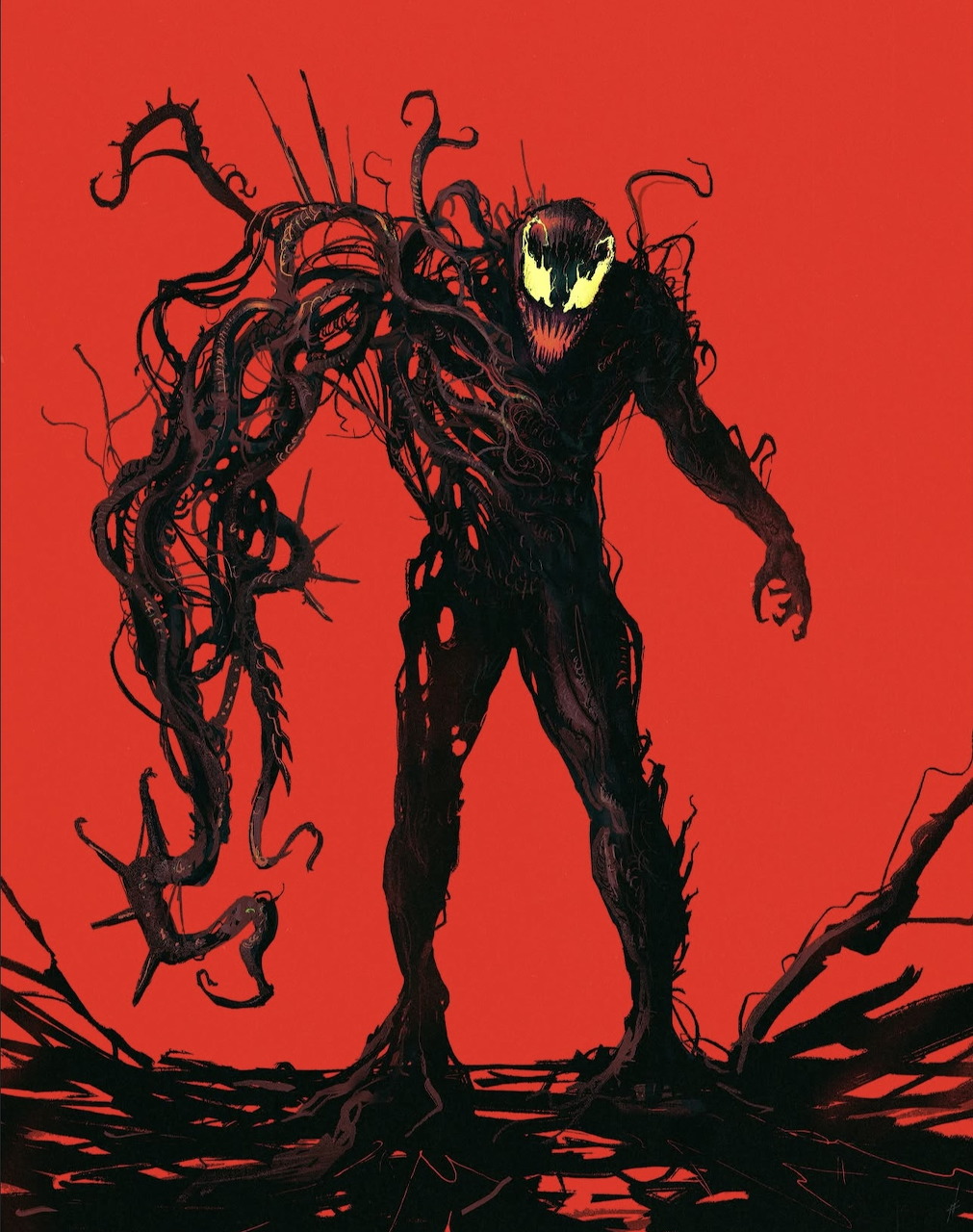 Black symbiote monster with white eyes and tentacles on red background