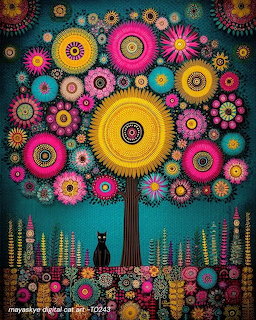 Vibrant folk-art style tree with mandala flowers and a black cat silhouette on teal background