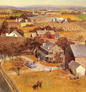 Painting of a rural farm with brown house, red barn, horses in yard, autumn trees and distant hills