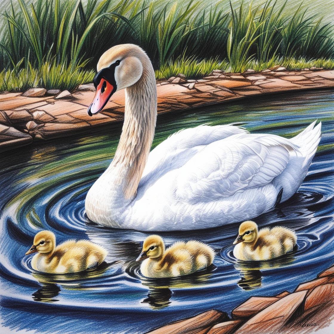 White adult swan with three fluffy yellow cygnets swimming together on calm blue water near reeds