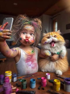 Toddler girl and orange cat covered in paint, girl holding phone for selfie with paint supplies on table