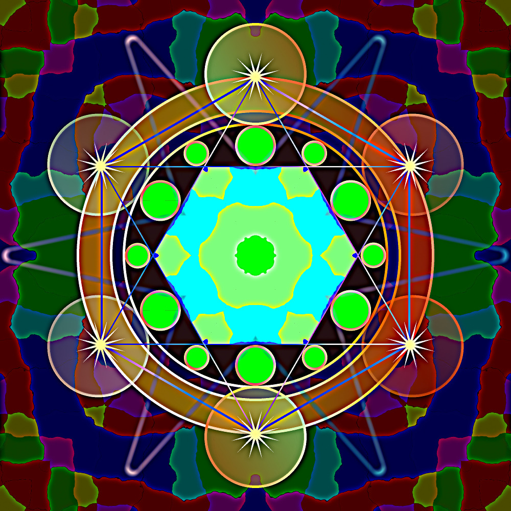 Colorful geometric mandala with hexagonal center, circular rings, and symmetrical ornamentation in vivid colors