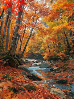 A rocky stream flowing through a colorful autumn forest with red, orange, and gold leaves on trees and ground.