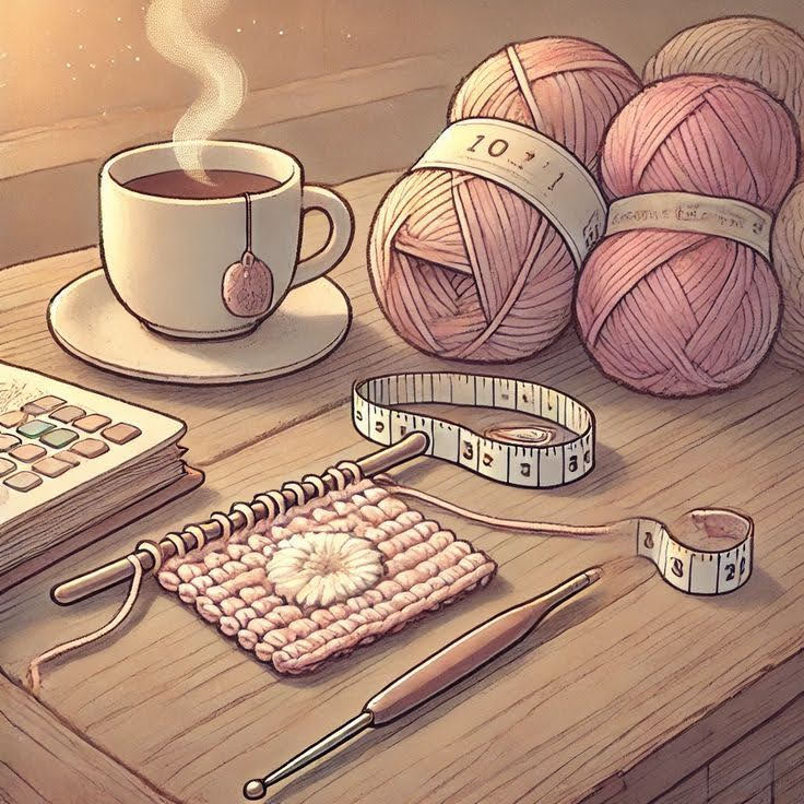 Crochet supplies on a wooden table with pink yarn, hook, measuring tape, swatch, and a steaming cup
