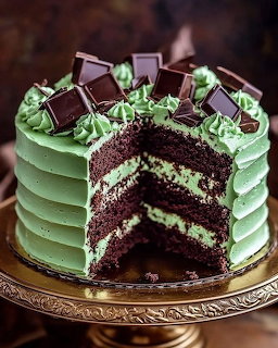 Chocolate layer cake with green mint frosting, chocolate pieces on top, slice removed showing layers on gold stand