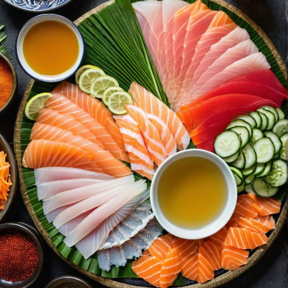 Overhead view of assorted sashimi on a round platter with cucumber, lime slices, and dipping sauce