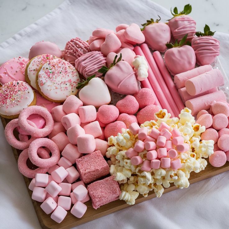 Pink dessert board with cookies, macarons, marshmallows, candies, wafers, and popcorn on a wooden tray