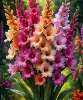 Colorful gladiolus flowers in purple, pink, orange and peach bloming in a garden