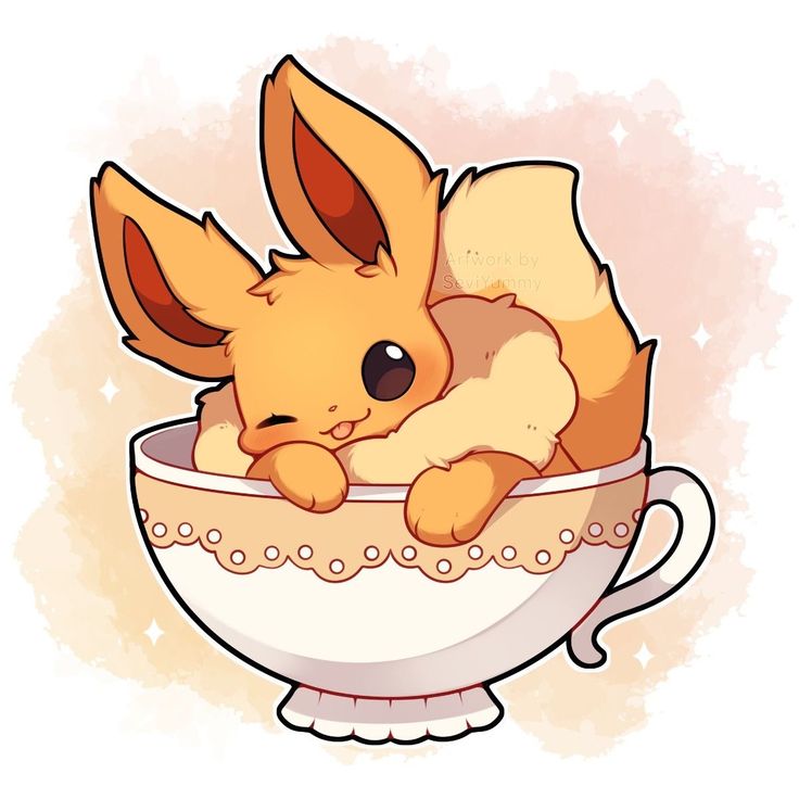 Cute Eevee Pokémon character resting inside a white ornate teacup against a soft peach and yellow watercolor background