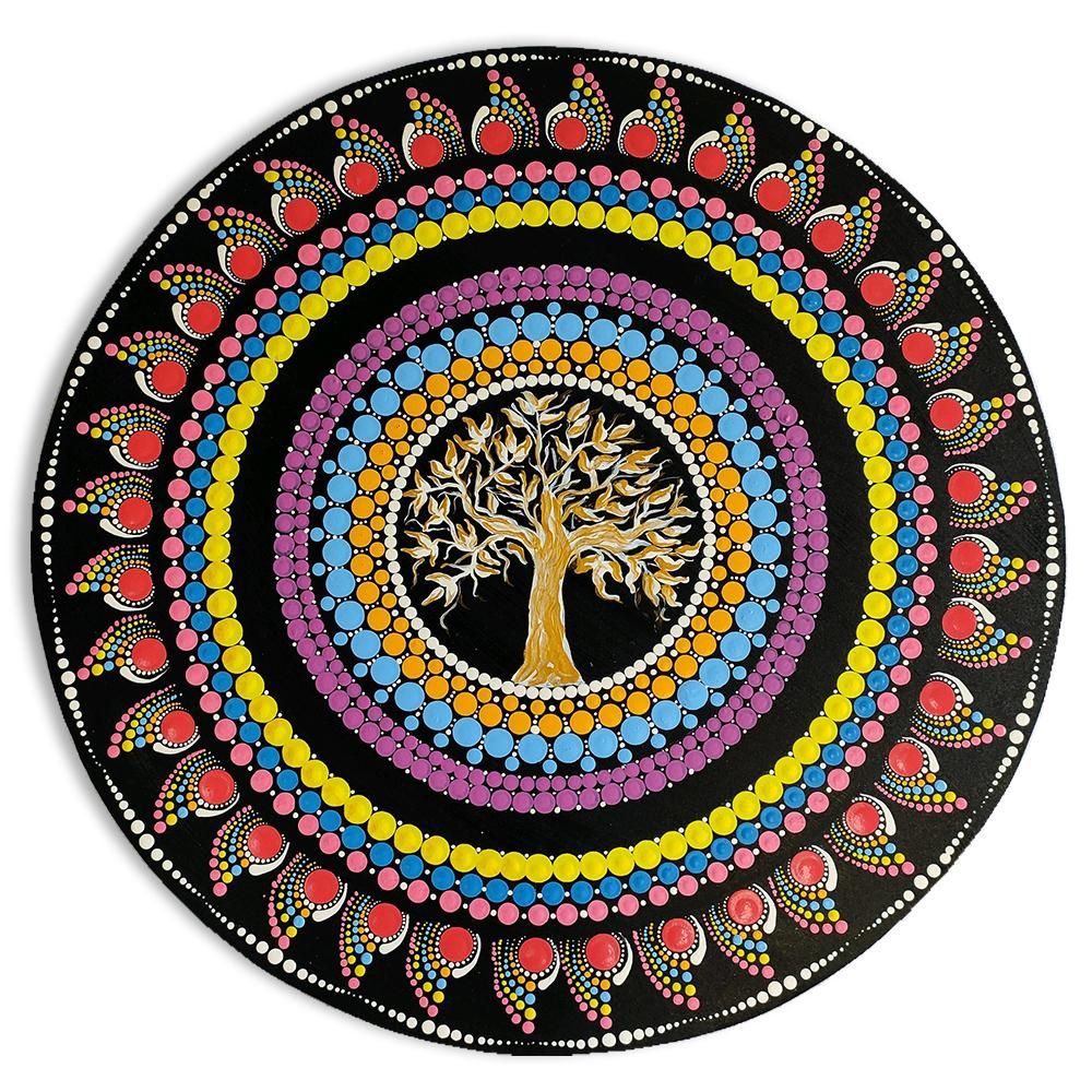 Colorful tree of life mandala with concentric circles, hearts, and ornamental patterns on black