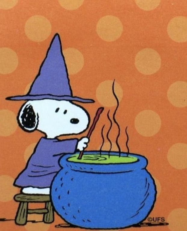 Snoopy dressed as a witch stirring a blue cauldron on an orange polka dot background