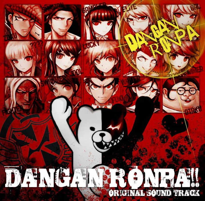 Danganronpa soundtrack cover with red anime character collage and Monokuma in the center