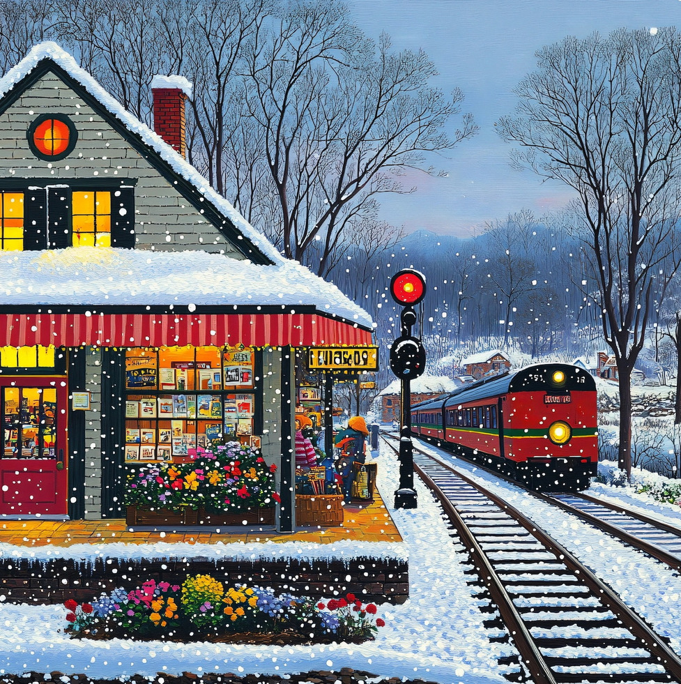 Red train arriving at snow-covered station with holiday decorations and colorful flowers in winter evening light