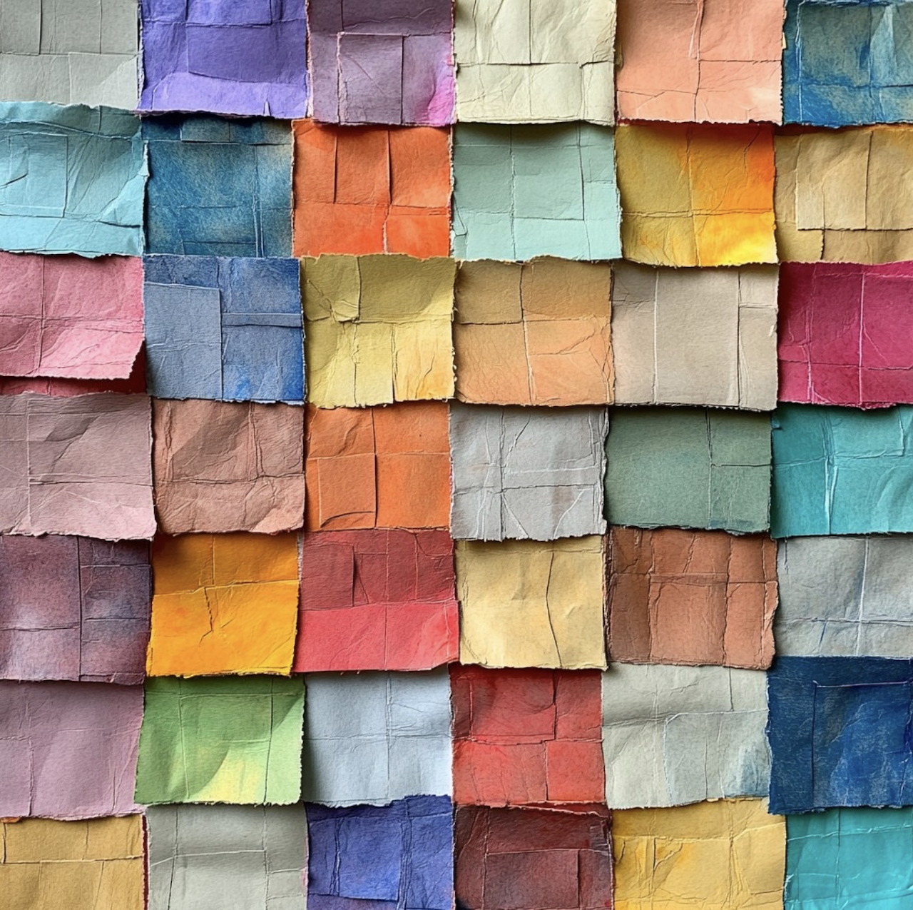 Colorful textured fabric squares arranged in a patchwork grid