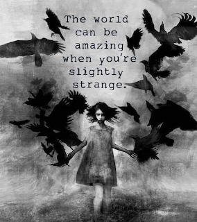 Black-and-white surreal image of a girl standing among flying ravens with quote text behind her
