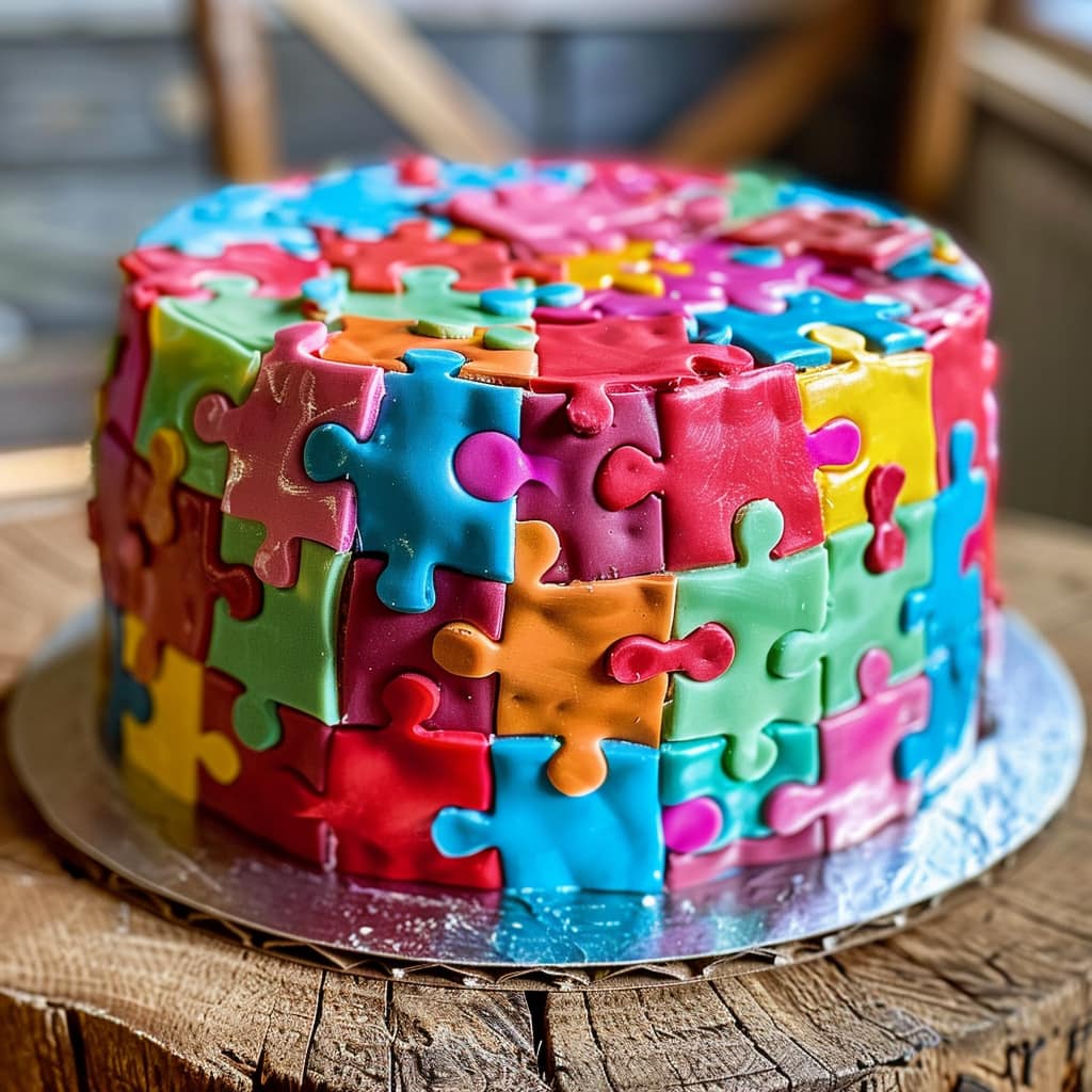Round cake covered in colorful fondant jigsaw puzzle pieces on wooden surface