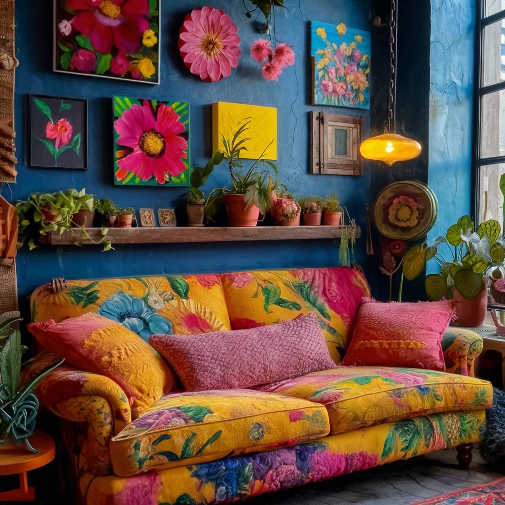 Colorful boho living room with floral sofa, plants, and bright wall art