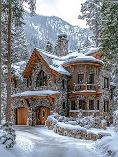 Snow-covered stone and wood cottage in a pine forest with mountains behind