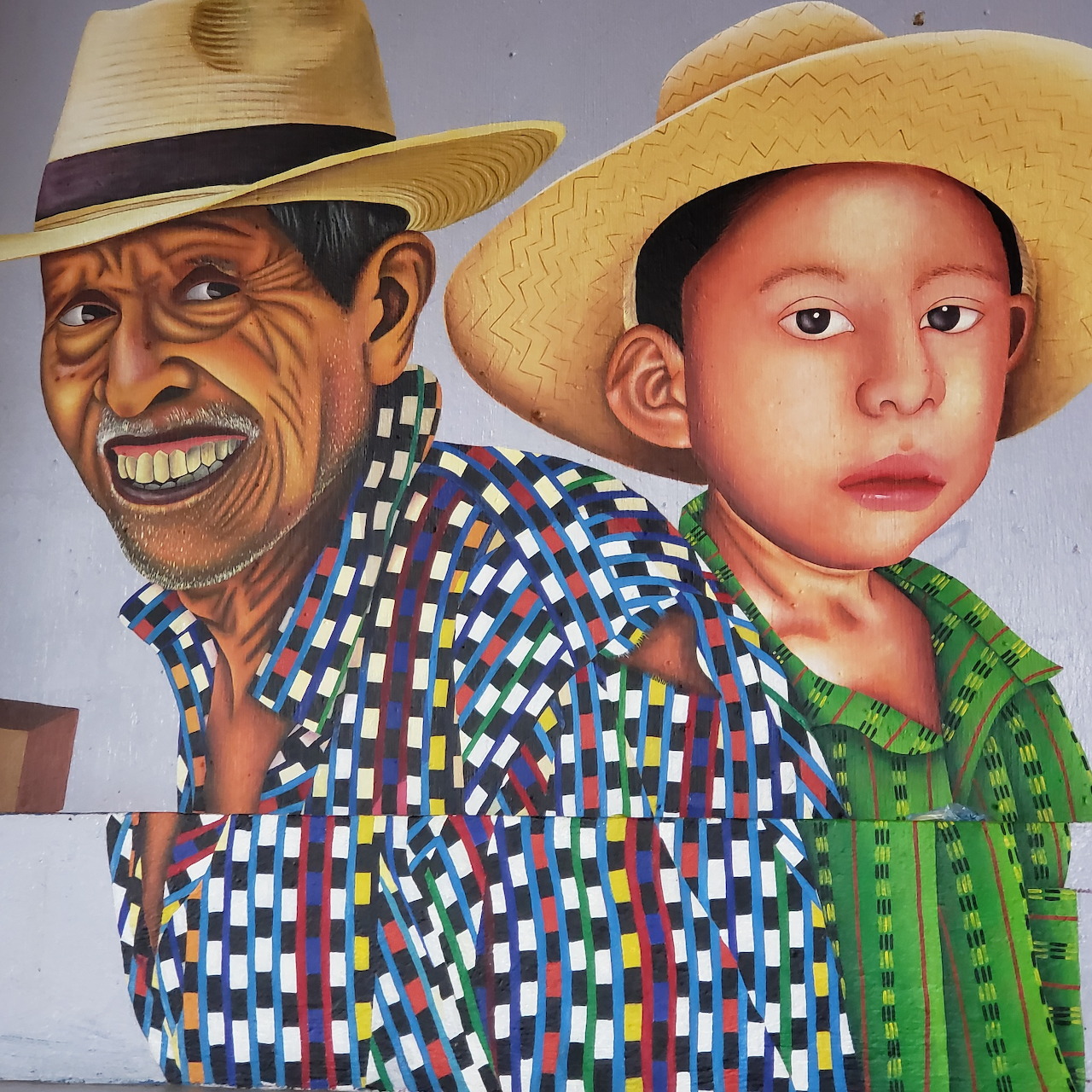 Painting of an older man and young boy in straw hats and colorful shirts