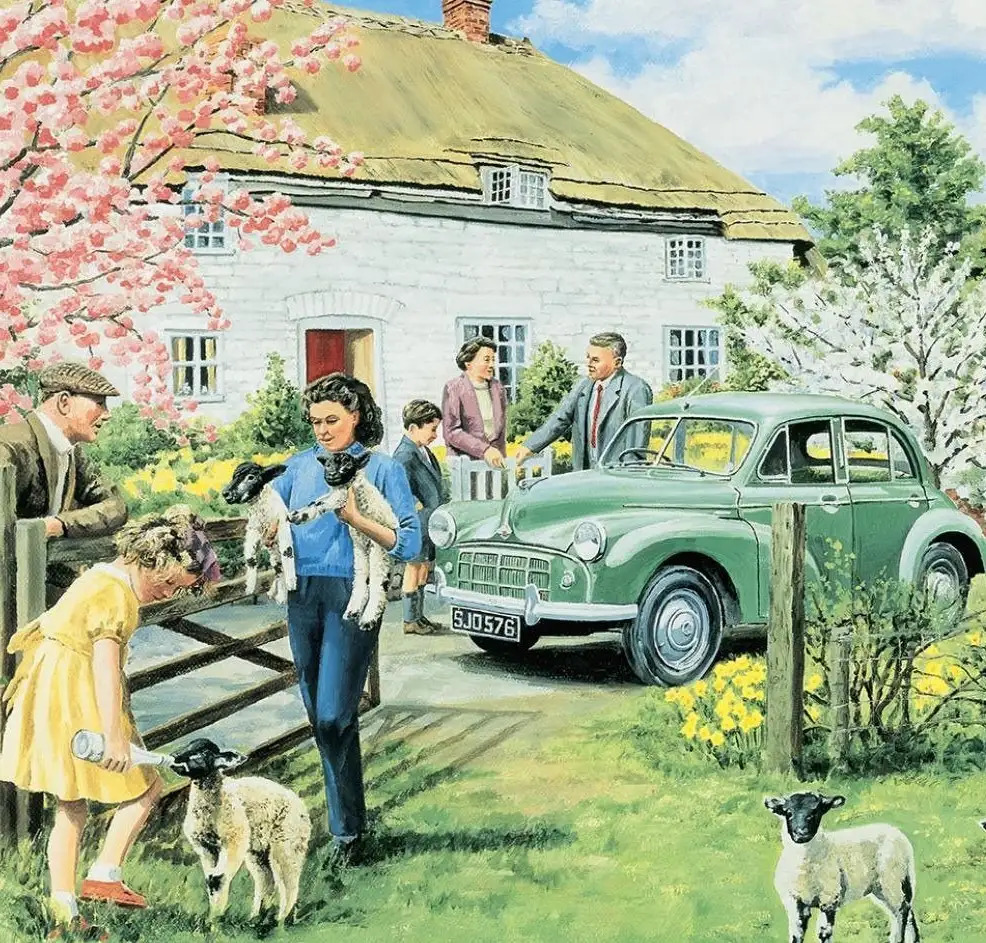 Vintage illustration showing a family in a sunny garden with a classic car and cottage
