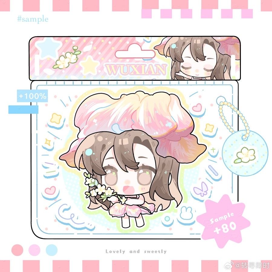 Pastel chibi anime girl with brown hair wearing a pink jellyfish cap and holding flowers