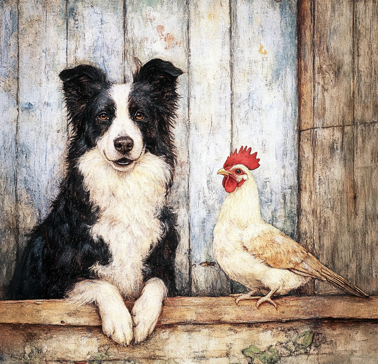 Border Collie dog sitting next to a white chicken on wooden surface with rustic plank backdrop