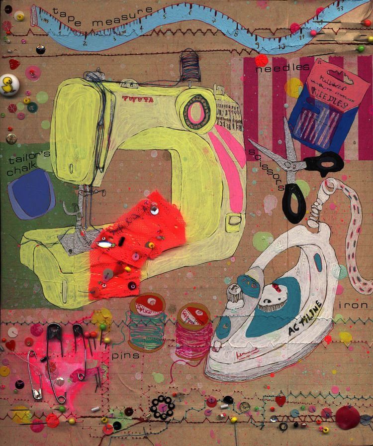 Colorful illustration of a sewing machine, iron, scissors, thread spools and buttons on kraft paper