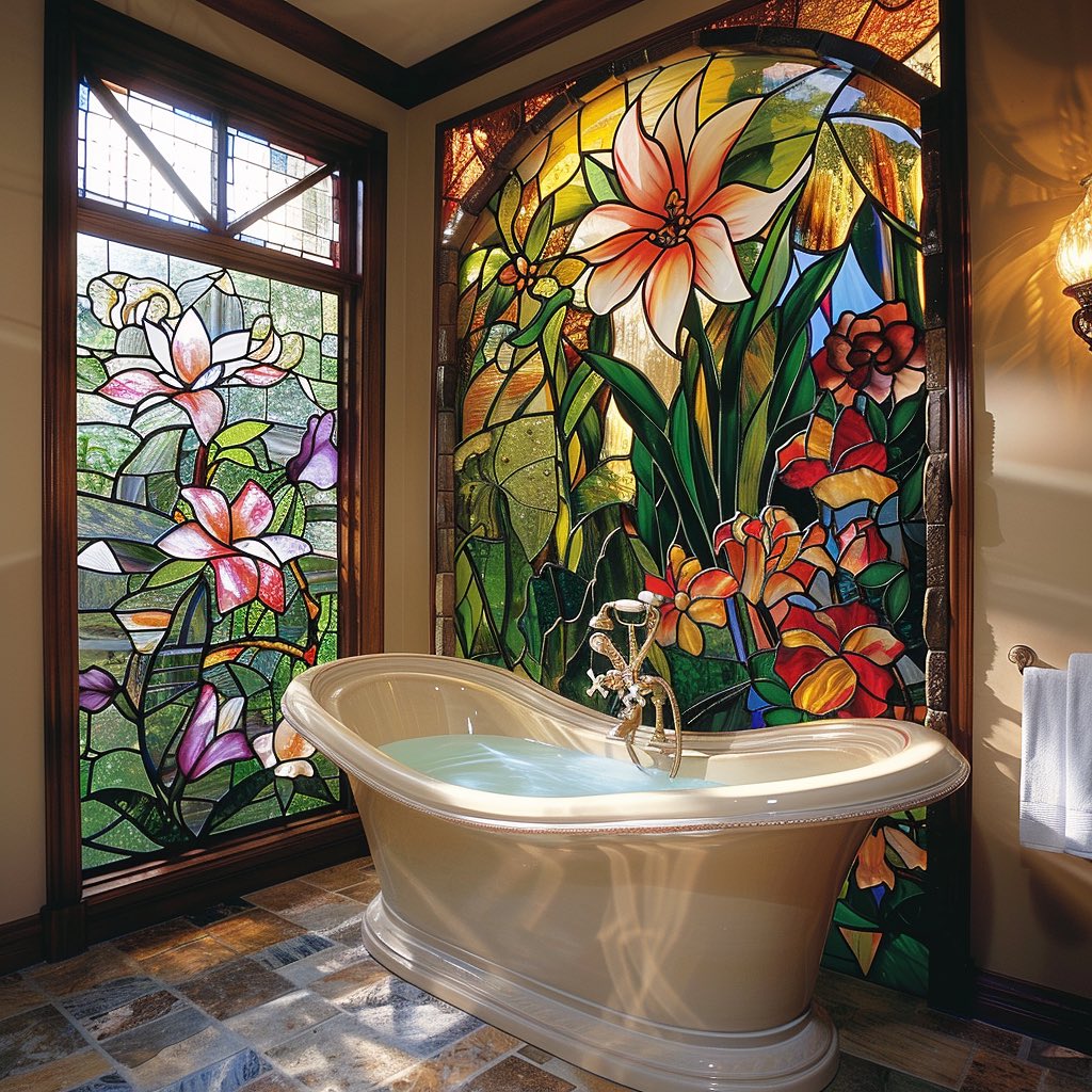Luxurious bathroom with white bathtub and colorful floral stained glass windows