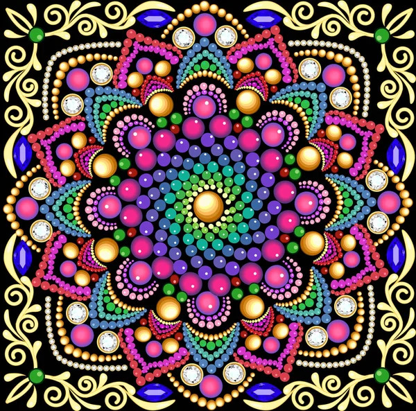 Ornate mandala with concentric circles of colorful dots and swirls in pink, blue, purple, gold on black with golden border