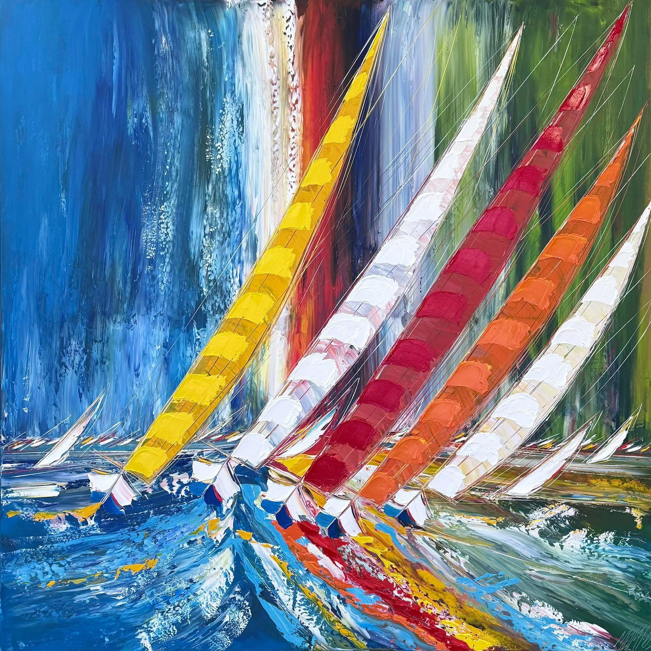 Abstract oil painting of sailboats with colorful sails racing on blue ocean waves