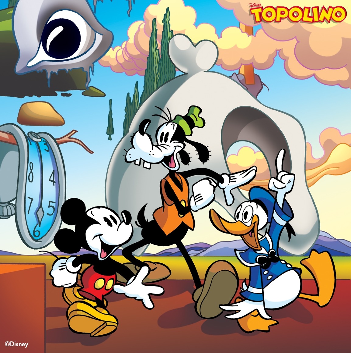 Mickey Mouse, Donald Duck, and Goofy in a surreal cartoon landscape with a melting clock