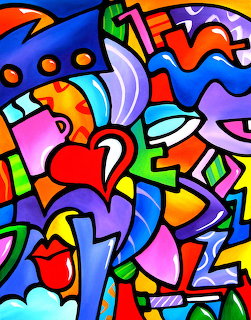 Vibrant graffiti-style abstract art with colorful geometric shapes and hearts in bold colors with black outlines