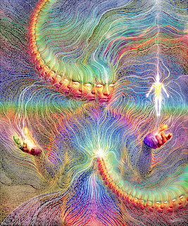 Abstract art with rainbow colored energy waves and glowing human figures in swirling patterns