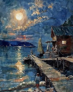 Moonlit Lakeside Cabin