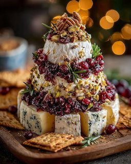 Tiered cheese tower with nuts, berries, rosemary, and crackers on a wooden board