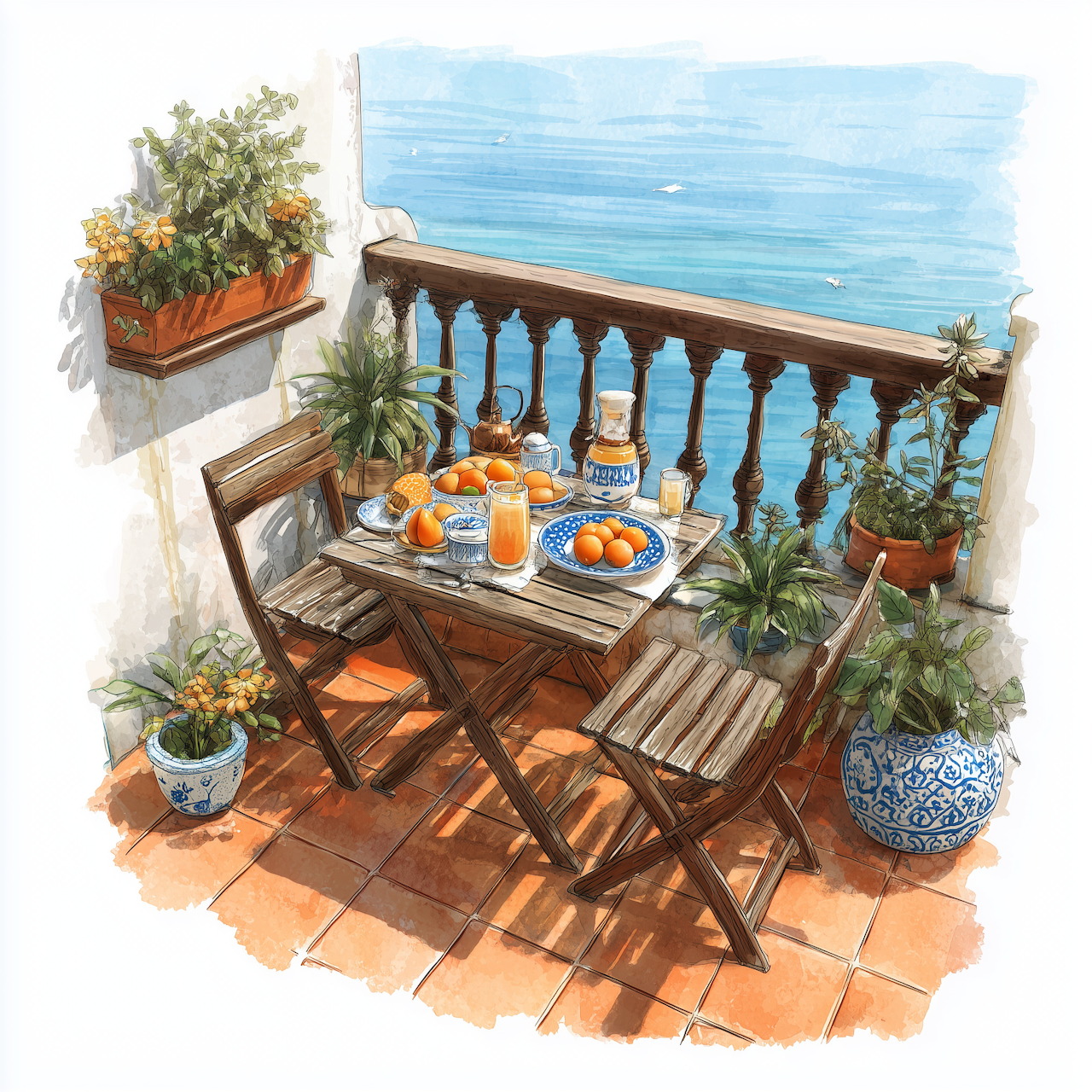 Illustrated balcony breakfast table with chairs, plants, and an ocean view