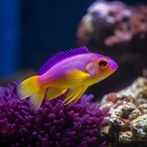 Purple and yellow tropical fish swimming above purple coral