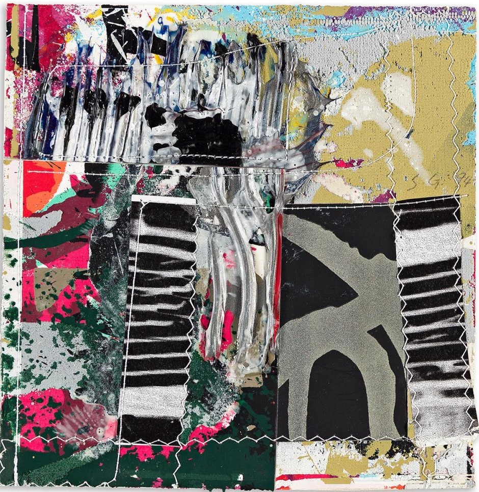 Abstract painting with layered geometric shapes, dynamic brushstrokes, and vibrant contrasting colors