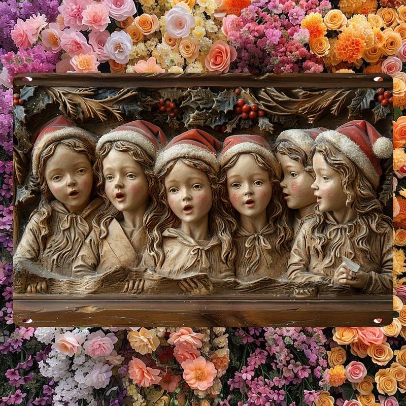 Framed relief of six child carolers in Santa hats surrounded by colorful flowers