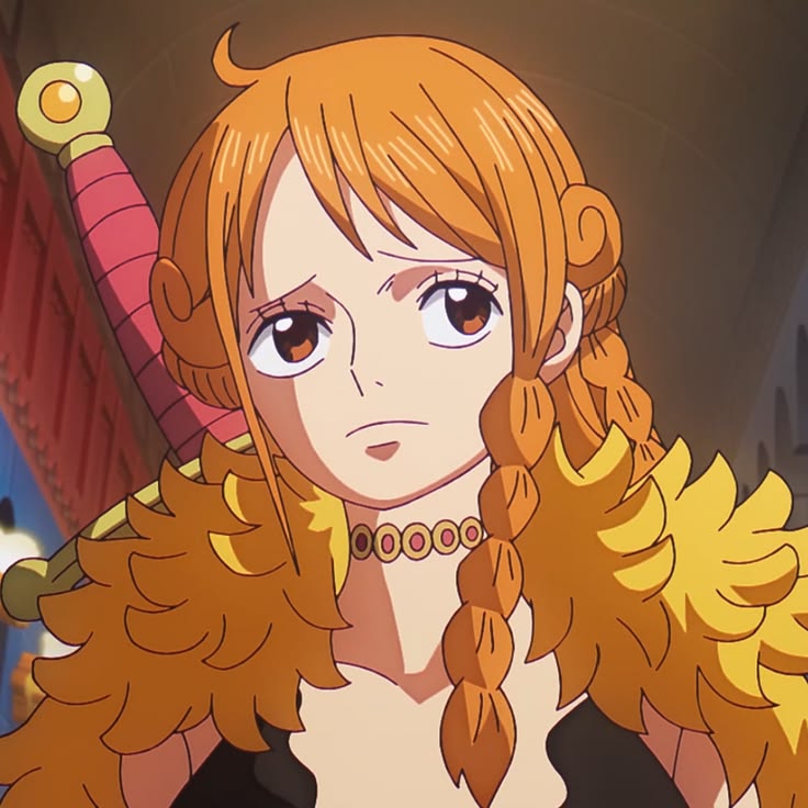 Anime character with orange braided hair wearing a brown fur coat and necklace