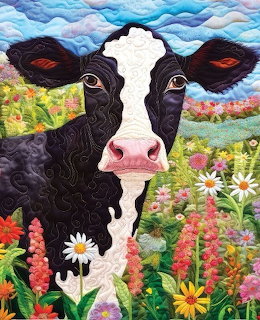 Quilted cow portrait framed by daisies and colorful wildflowers under a blue sky
