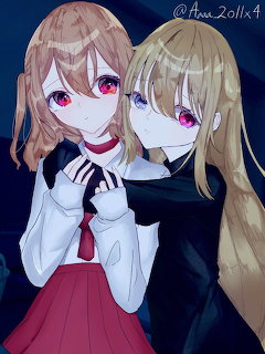 Two anime girls in school uniforms hugging, one with short brown hair and one with long blonde hair