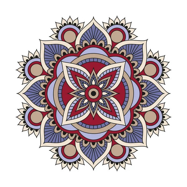 Symmetrical mandala with floral patterns in blue, burgundy, and tan on cream background