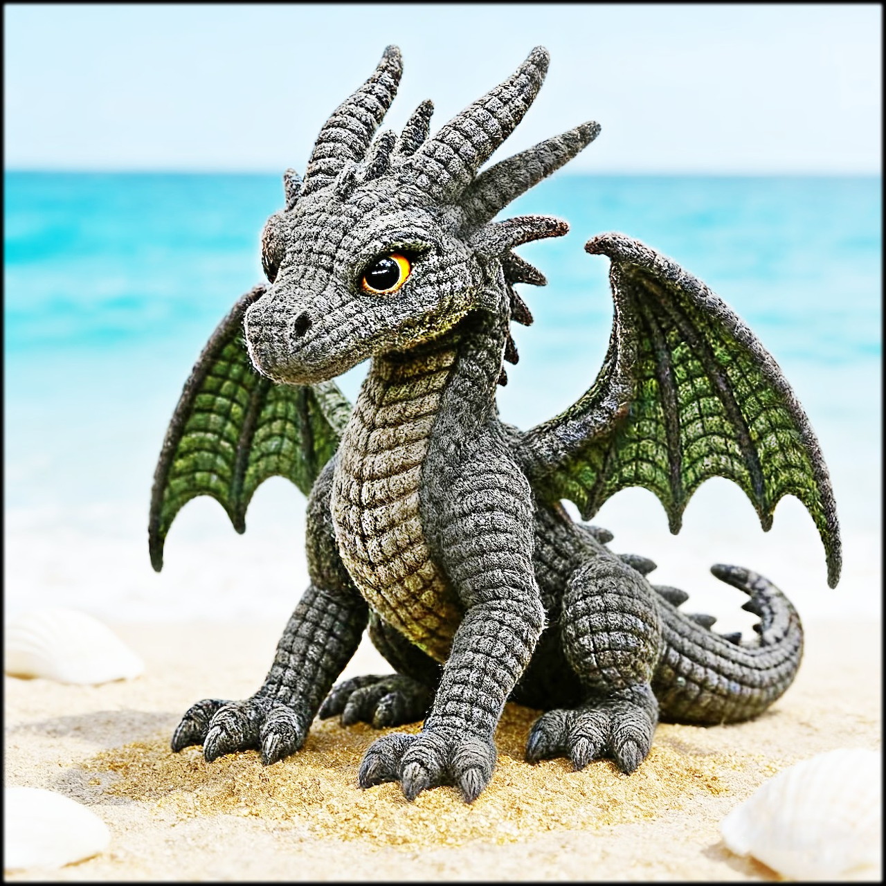 Gray crocheted dragon toy with green wings on beach sand