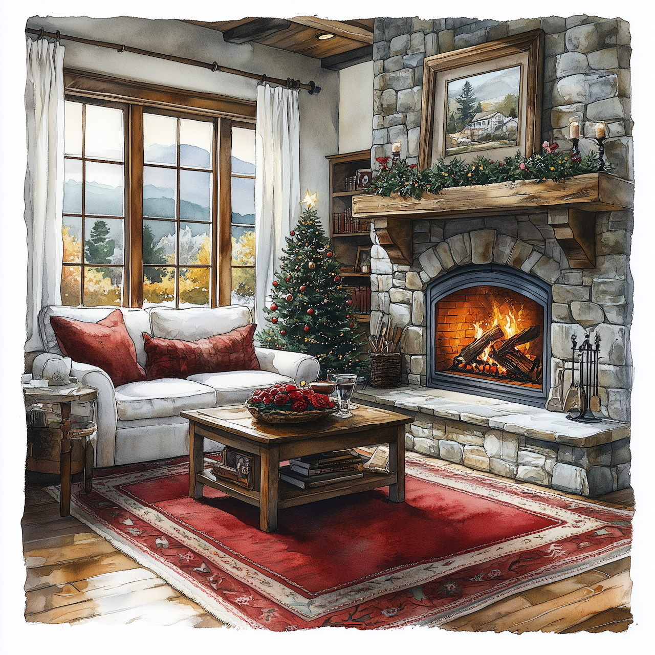 Christmas living room with stone fireplace, sofa, red rug, and small decorated tree